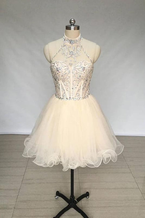 A Line High Neck Tulle Beading Mini Homecoming Short Prom Dress with Beads - Prom Dresses