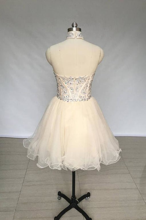 A Line High Neck Tulle Beading Mini Homecoming Short Prom Dress with Beads - Prom Dresses