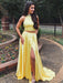 A Line High Neck Two Pieces Yellow Satin Long Prom Dresses with High  Yellow Formal Dresses, Evening Dresses