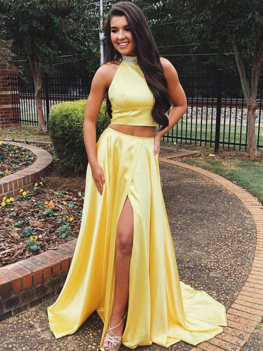 A Line High Neck Two Pieces Yellow Satin Long Prom Dresses with High  Yellow Formal Dresses, Evening Dresses