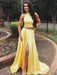 A Line High Neck Two Pieces Yellow Satin Long Prom Dresses with High  Yellow Formal Dresses, Evening Dresses