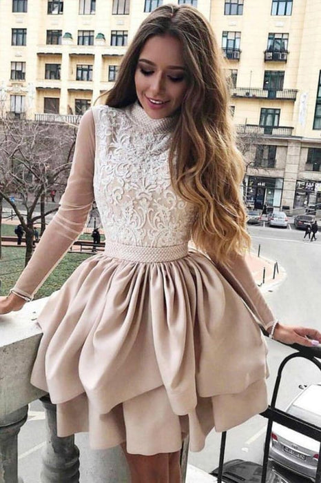 A Line High Neck Two Tiers Short Red Prom Dresses 2021 - Bridelily A Line High Neck Two Tiers Short Red Prom Dresses 2021 - Bridelily