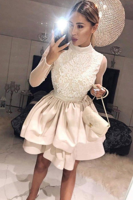 A Line High Neck Two Tiers Appliques Long Sleeves Short Homecoming Dress - Prom Dresses