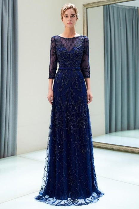 A-line Illusion Neckline Long Beading Evening Gowns with Sleeves - Dark Navy - Prom Dresses