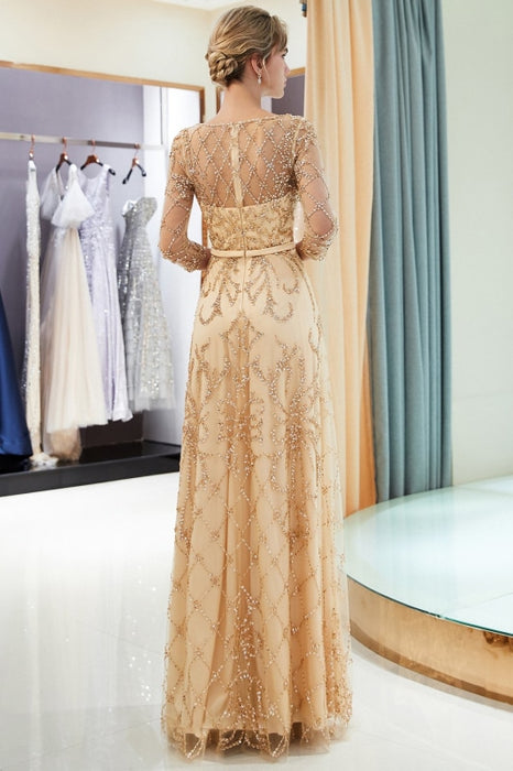 A-line Illusion Neckline Long Beading Evening Gowns with Sleeves - Prom Dresses