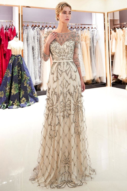 A-line Illusion Neckline Long Beading Evening Gowns with Sleeves - Champagne - Prom Dresses
