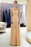 A-line Illusion Neckline Long Beading Evening Gowns with Sleeves - Gold - Prom Dresses