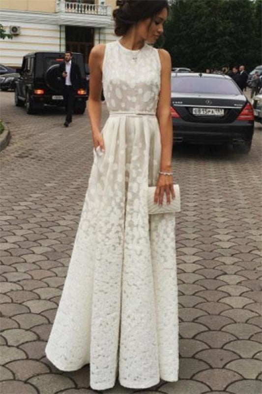 A-line Ivory Jewel Sleeveless Floor-length Lace Prom Dresses Cheap Evening Formal Dress - Prom Dresses