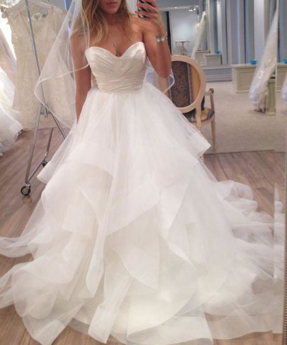 A Line Ivory Sweetheart Strapless Layered Tulle Long Beach Wedding Dress - Wedding Dresses