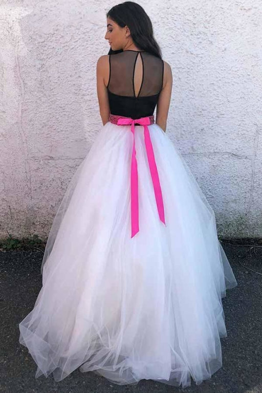 A Line Ivory Tulle Prom Black Top Floor Length Formal Dress with Beading Waist - Prom Dresses