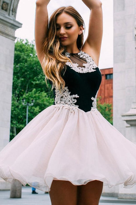 A-Line Jewel Pearl Pink Chiffon Homecoming Dress with Lace Mini Sweet 16 Dresses - Prom Dresses