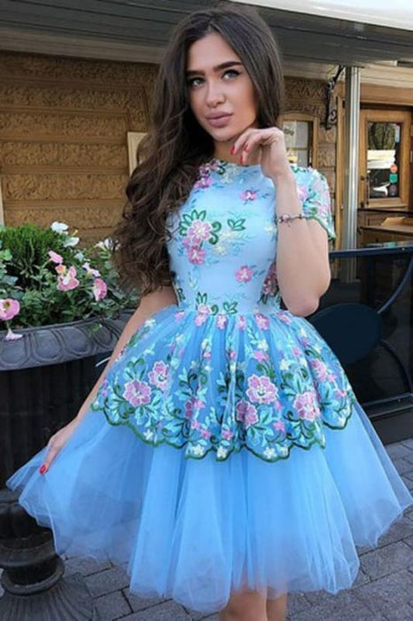 Blue Tulle Homecoming Dress Short with Lace Flowers Blue Tulle Homecoming Dress Short with Lace Flowers