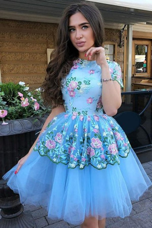 A-Line Jewel Short Sleeves Blue Tulle Above Knee Homecoming Dress with Lace Flowers - Prom Dresses