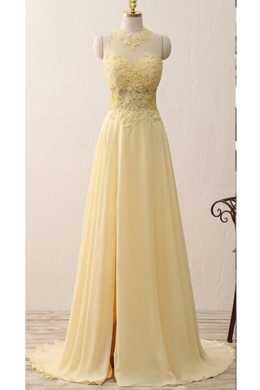 A Line Jewel Sleeveless Appliqued Prom with Beading Yellow Chiffon Evening Dress - Prom Dresses
