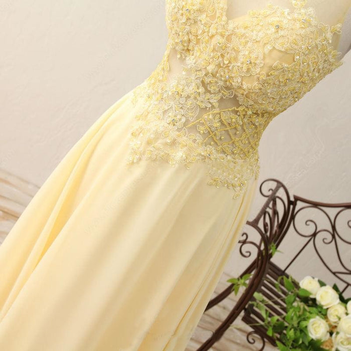 A Line Jewel Sleeveless Appliqued Prom with Beading Yellow Chiffon Evening Dress - Prom Dresses