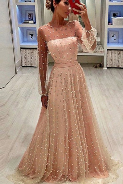 A-Line Jewel Sleeves Pearl Pink Long Prom with Pearls Unique Formal Dress - Prom Dresses