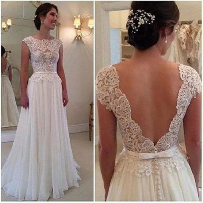 A-line Lace Appliqued Cap Sleeves Ivory Chiffon Long Beach Wedding Dress - Wedding Dresses