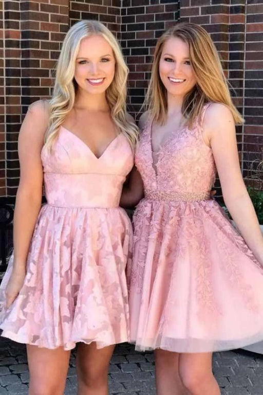 A Line Lace Appliques V Neck Above Knee Homecoming Dresses Short Prom Dress - Prom Dresses