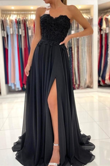 A-line Lace Front-Split Black Prom Dress Off-the-shoulder Evening Dress - Prom Dresses