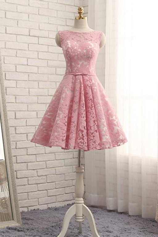 A Line Lace Homecoming with Belt Pink Short Ruched Prom Dress - Prom Dresses