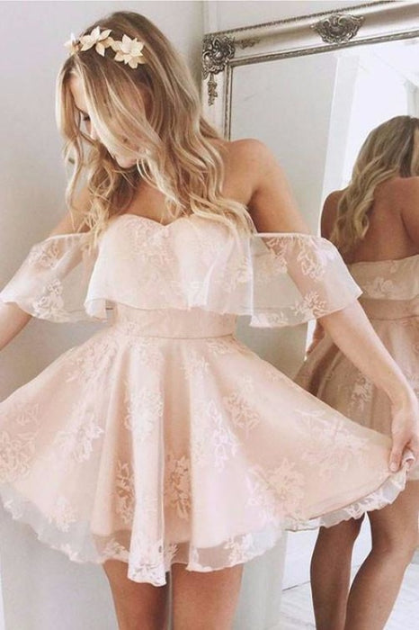 A-Line Lace Off-Shoulder Short Prom Dresses Pearl Pink Homecoming Dress - Prom Dresses