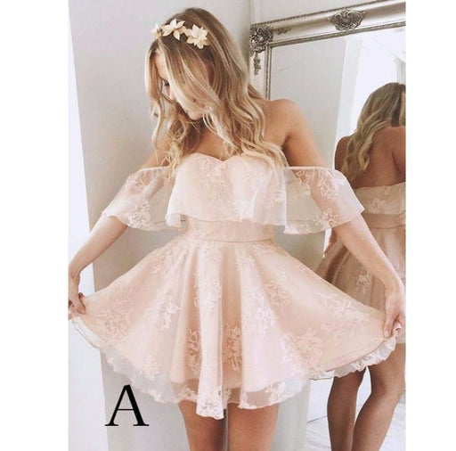 A-Line Lace Off-Shoulder Short Prom Dresses Pearl Pink Homecoming Dress - Prom Dresses