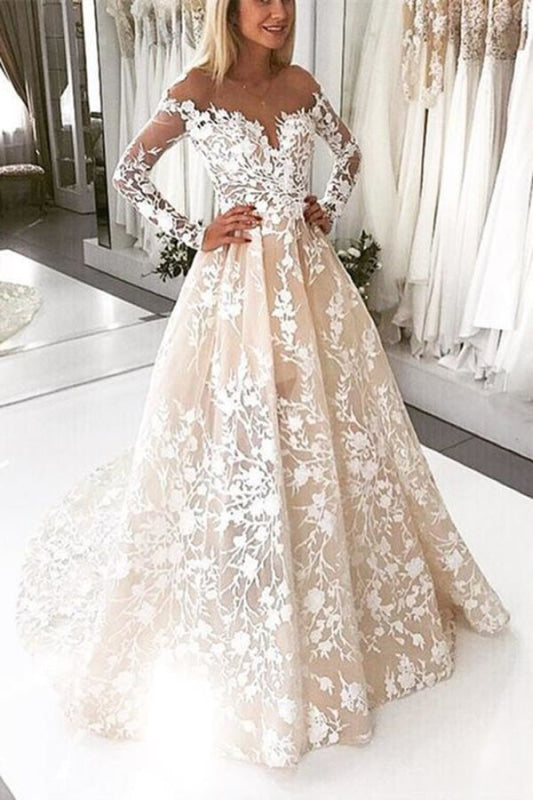 A Line Lace Tulle Open Back Long Sleeves Wedding Dress - Wedding Dresses