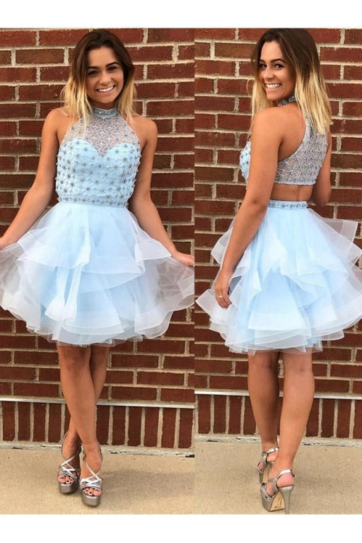 A-Line Light Blue Jewel Sleeveless Beading Mini Tulle Homecoming Party Dresses - Prom Dresses