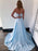 A Line Light Blue Lace Long Prom Dresses with High Slit, Light Blue Lace Formal Graduation Evening Dresses