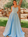 A Line Light Blue Lace Long Prom Dresses with Slit, Light Blue Lace Formal Dresses, Light Blue Evening Dresses