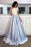 A-line Light Blue Two Piece Short Sleeves Round Neck Satin Prom Dress with Lace - Prom Dresses