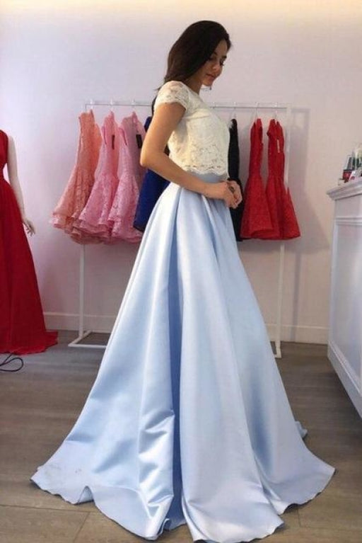 A-line Light Blue Two Piece Short Sleeves Round Neck Satin Prom Dress with Lace - Prom Dresses