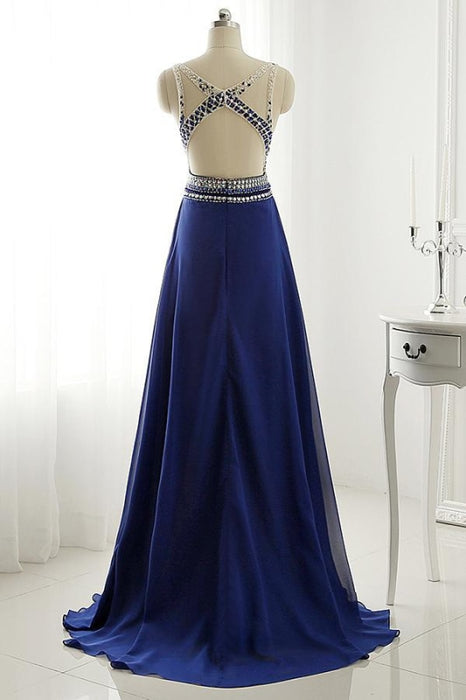 A Line Long Chiffon Royal Blue Crystal Prom Dress Eevening Gown - Prom Dresses