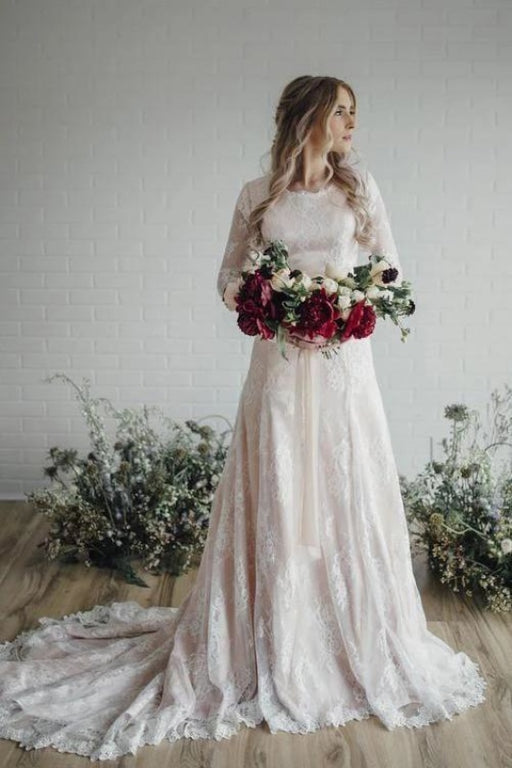 A Line Long Sleeve Lace Vintage Wedding Dress - Wedding Dresses