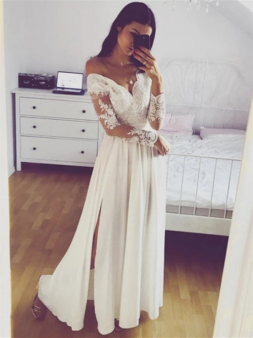 A Line Long Sleeves Lace White Prom Dresses with  Long Sleeves White Lace Formal Graduation Evening Dresses