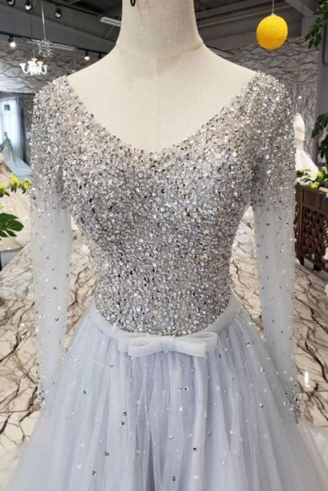 A Line Long Sleeves Tulle Prom Dress with Sequins Sparkly V Neck Evening Dresses - Prom Dresses