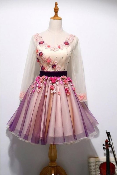 A Line Long Sleeves Tulle Short Homecoming Dresses with Appliques and Flowers - Prom Dresses