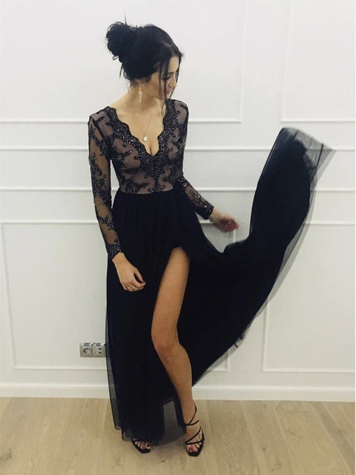A Line Long Sleeves V Neck Lace Black Prom Dresses with  V Neck Long Sleeves Black Lace Formal Dresses, Black Lace Evening Dresses
