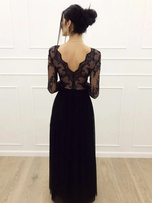 A Line Long Sleeves V Neck Lace Black Prom Dresses with  V Neck Long Sleeves Black Lace Formal Dresses, Black Lace Evening Dresses