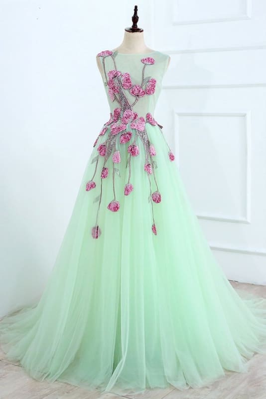 Mint Green A-Line Prom Dress Sleeveless Tulle Long Gown with Appliques