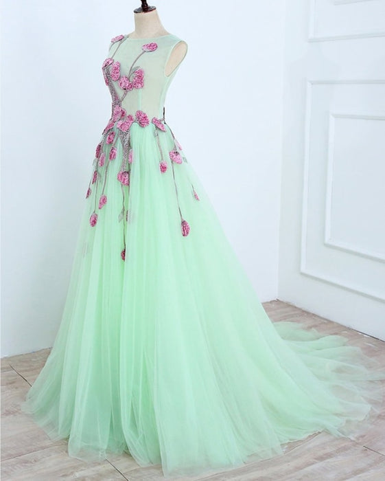 A Line Mint Green Sleeveless Formal with Appliques Long Tulle Prom Dress - Prom Dresses