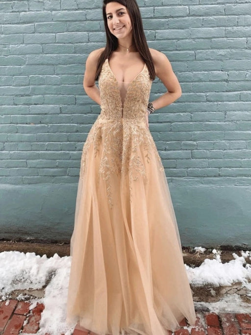 A Line Neck Champagne Lace Long Prom Dresses, Champagne Lace Formal Dresses, Champagne Evening Dresses