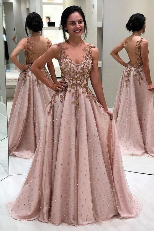 A Line Neck Prom Beads Appliqued Long Evening Dress with Sheer Back - Prom Dresses