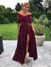 A Line Off Shoulder Half Sleeves Lace Maroon Prom Dresses with Slit, Off The Shoulder Burgundy Formal Dresses, Evening Dresses