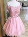 A Line Off Shoulder Lace Pink Short Prom Homecoming Dresses, Off Shoulder Pink Lace Formal Graduation Evening Dresses