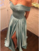 A Line Off Shoulder Satin Turquoise Long Prom Dresses with Slit, Turquoise Formal Dresses, Evening Dresses