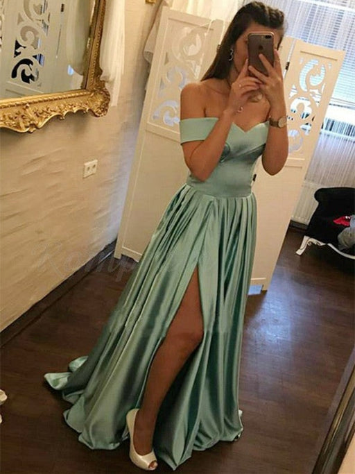 A Line Off Shoulder Satin Turquoise Long Prom Dresses with Slit, Turquoise Formal Dresses, Evening Dresses