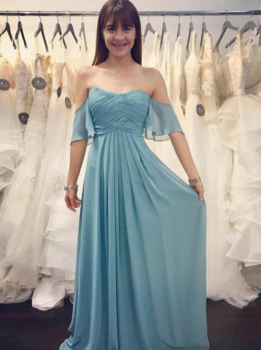 A-Line Off-the-Should Ruched Blue Chiffon Bridesmaid Dress - Bridesmaid Dresses