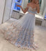 A-line Off-the-shoulder Appliques Sweep Train Tulle Prom Dress with Sash Flowers - Prom Dresses
