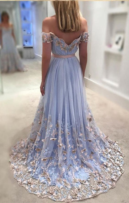 A-line Off-the-shoulder Appliques Sweep Train Tulle Prom Dress with Sash Flowers - Prom Dresses